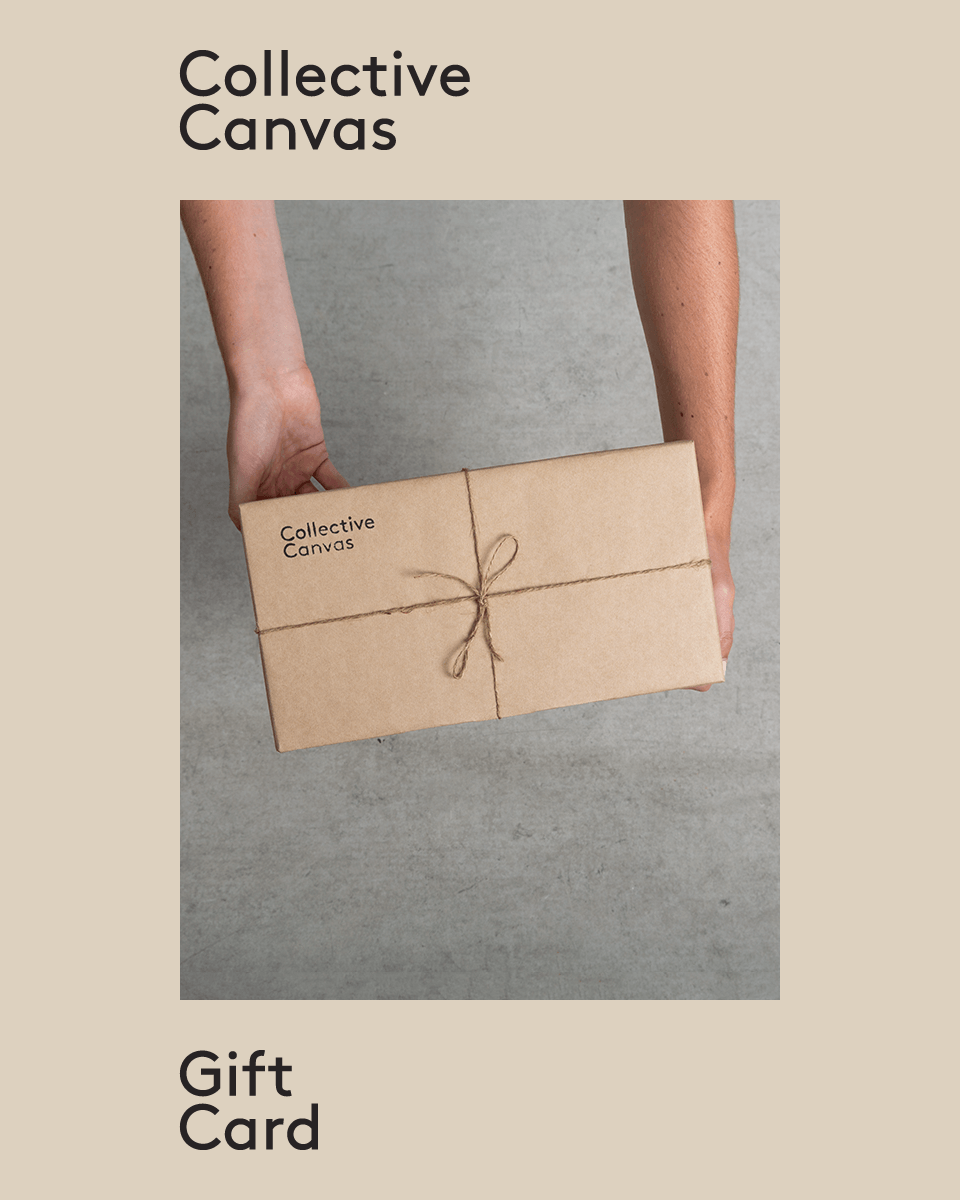 Collective Canvas gift card design showing hands holding a kraft paper box tied with string