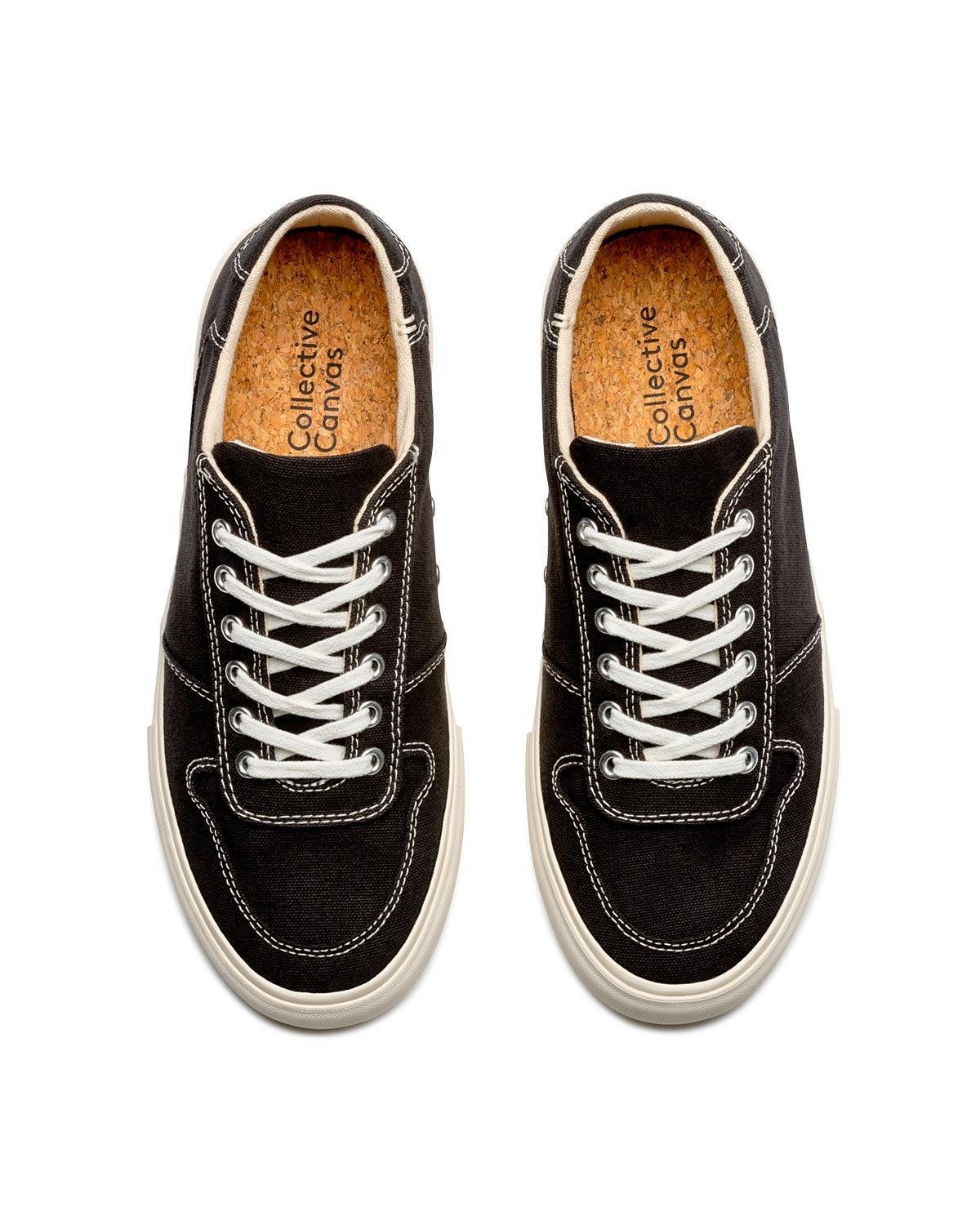 Bal Black/White trainers, top view showing cork insoles, white laces and contrast stitching