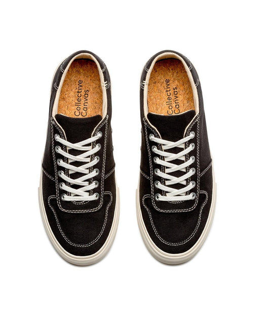 Bal Black/White trainers, top view showing cork insoles, white laces and contrast stitching
