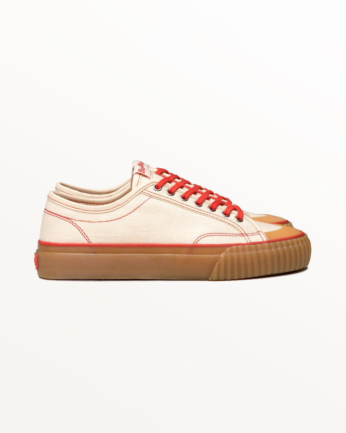 Buddy x CC Hemp Off-White/Red trainer, side view with red stitching and natural gum rubber sole