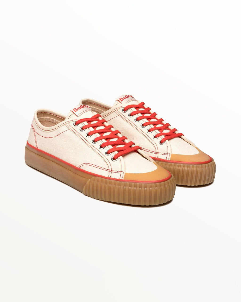 Pair of Buddy x CC Hemp Off-White/Red trainers, three-quarter front view