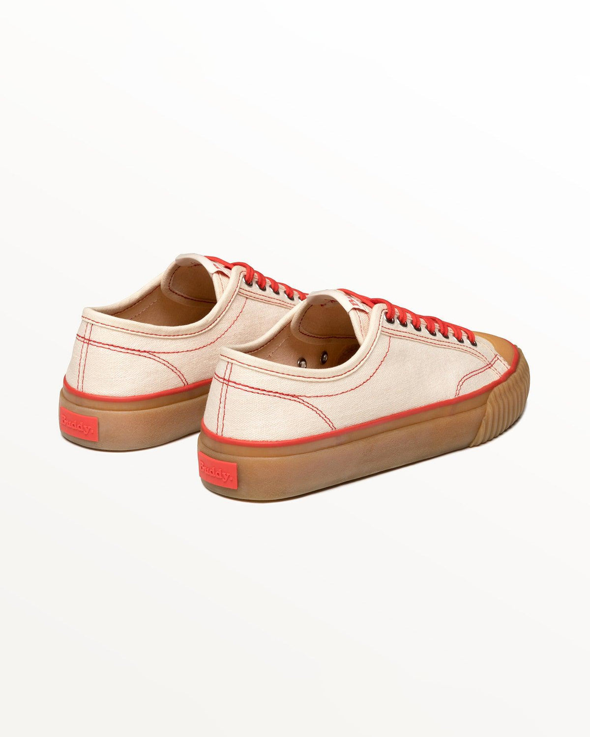 Buddy x CC Hemp Off-White/Red trainers, three-quarter rear view showing red Buddy heel tabs