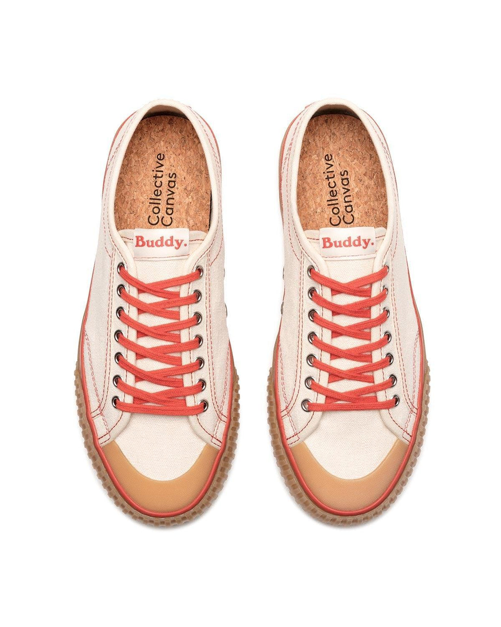 Top view of Buddy x CC Hemp Off-White/Red trainers with cork insoles and red laces