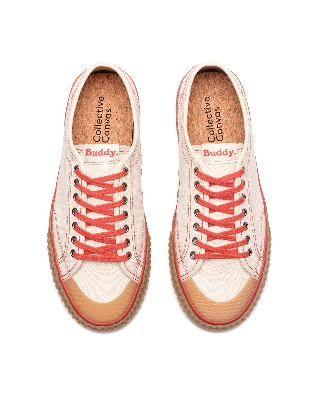 Top view of Buddy x CC Hemp Off-White/Red trainers with cork insoles and red laces