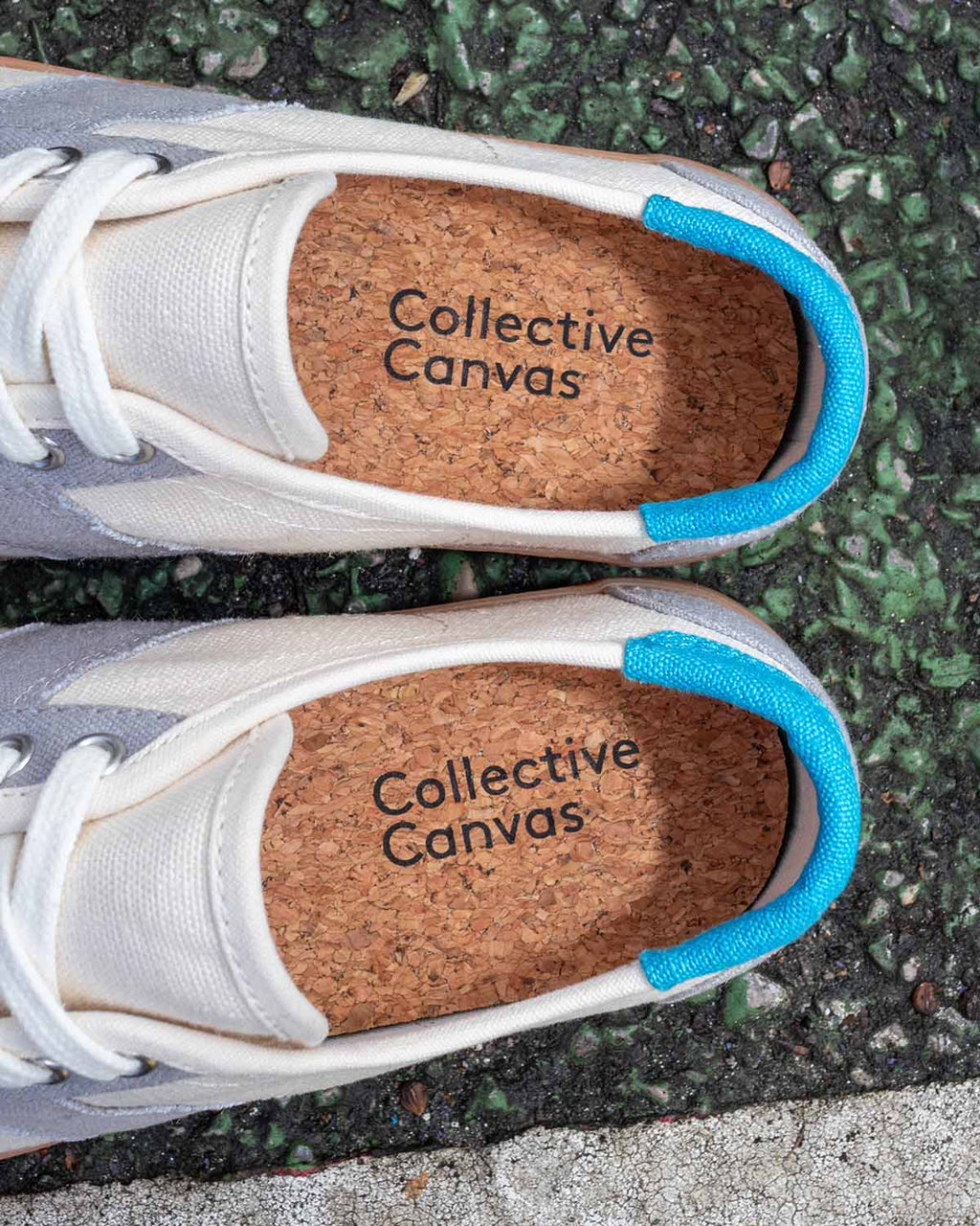Close-up from above of Looper Hemp Ecru/Grey cork insoles printed with the Collective Canvas logo