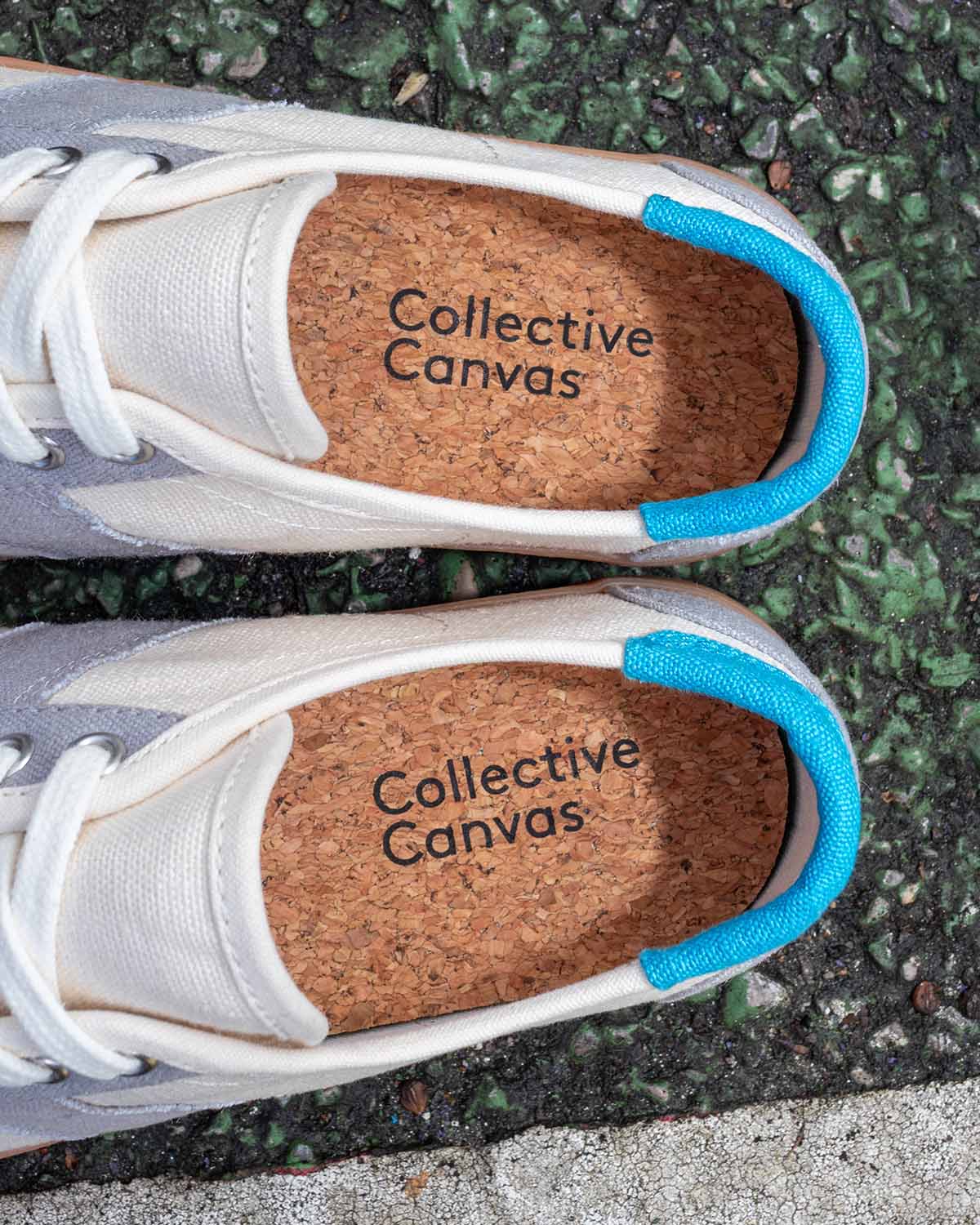 Close-up from above of Looper Hemp Ecru/Grey cork insoles printed with the Collective Canvas logo