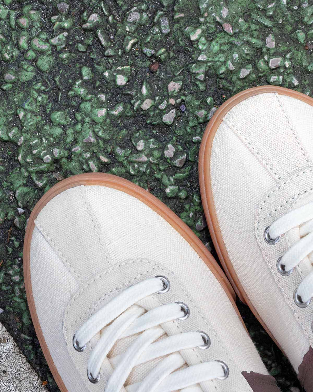 Looking down at Looper Hemp Ecru/Coffee toes and white laces on green speckled ground
