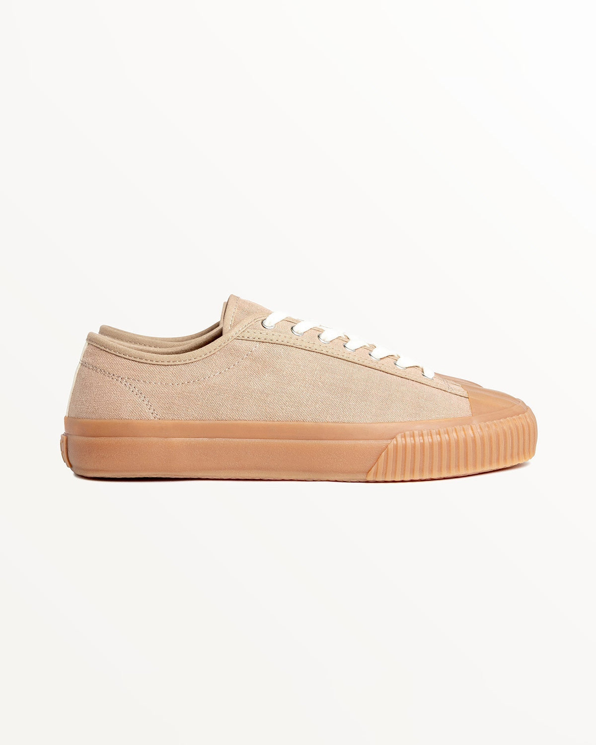 CC x Original Fibres Greige trainer, side view with greige hemp canvas and natural gum rubber sole