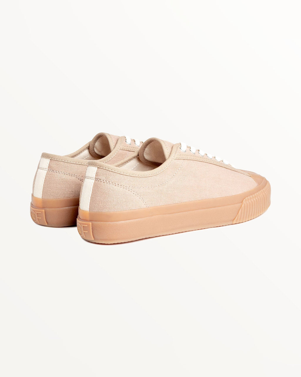CC x Original Fibres Greige trainers, three-quarter rear view with cream heel stripes