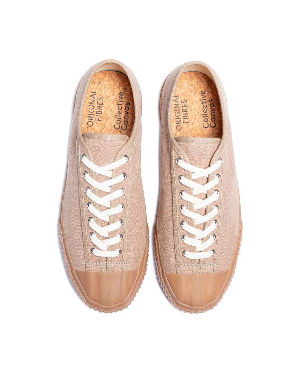 CC x Original Fibres Greige trainers, top view showing co-branded cork insoles and white laces
