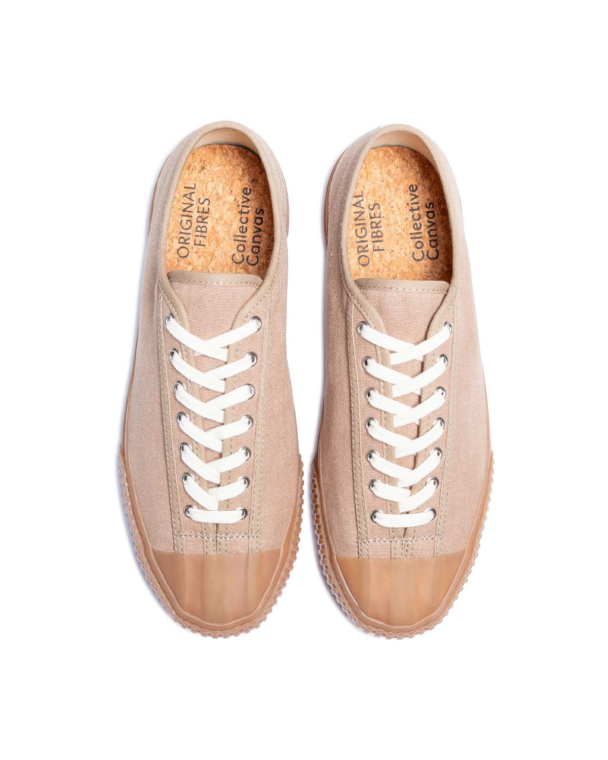 CC x Original Fibres Greige trainers, top view showing co-branded cork insoles and white laces