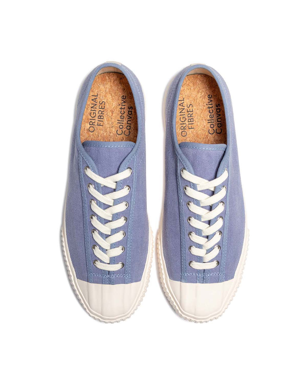 CC x Original Fibres Stonewash trainers, top view showing co-branded cork insoles and cream laces