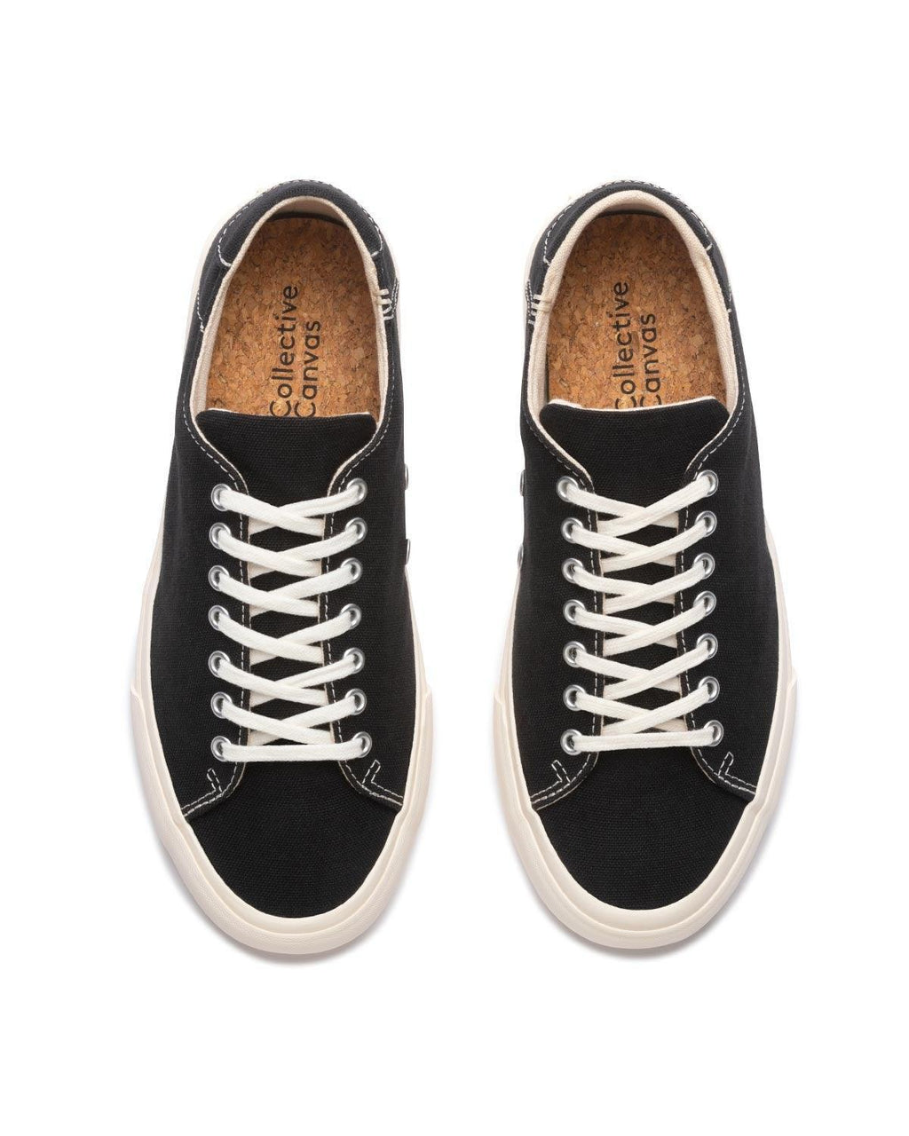 Baan Black/White trainers, top view showing cork insoles and white laces
