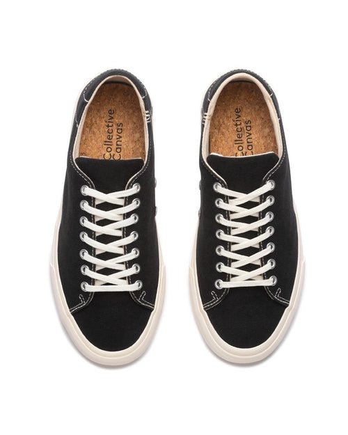 Baan Black/White trainers, top view showing cork insoles and white laces