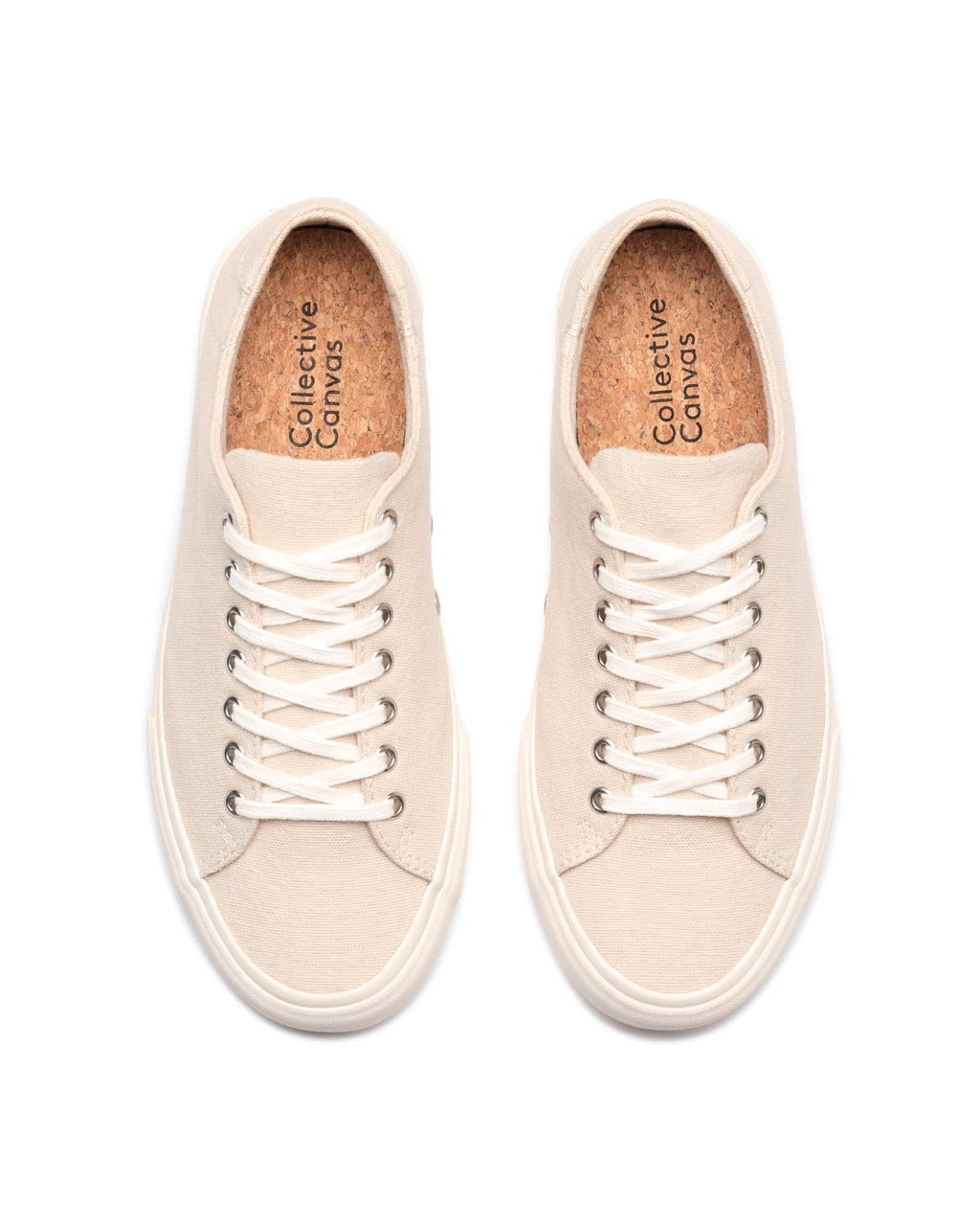 Baan Natural trainers, top view showing cork insoles and natural laces