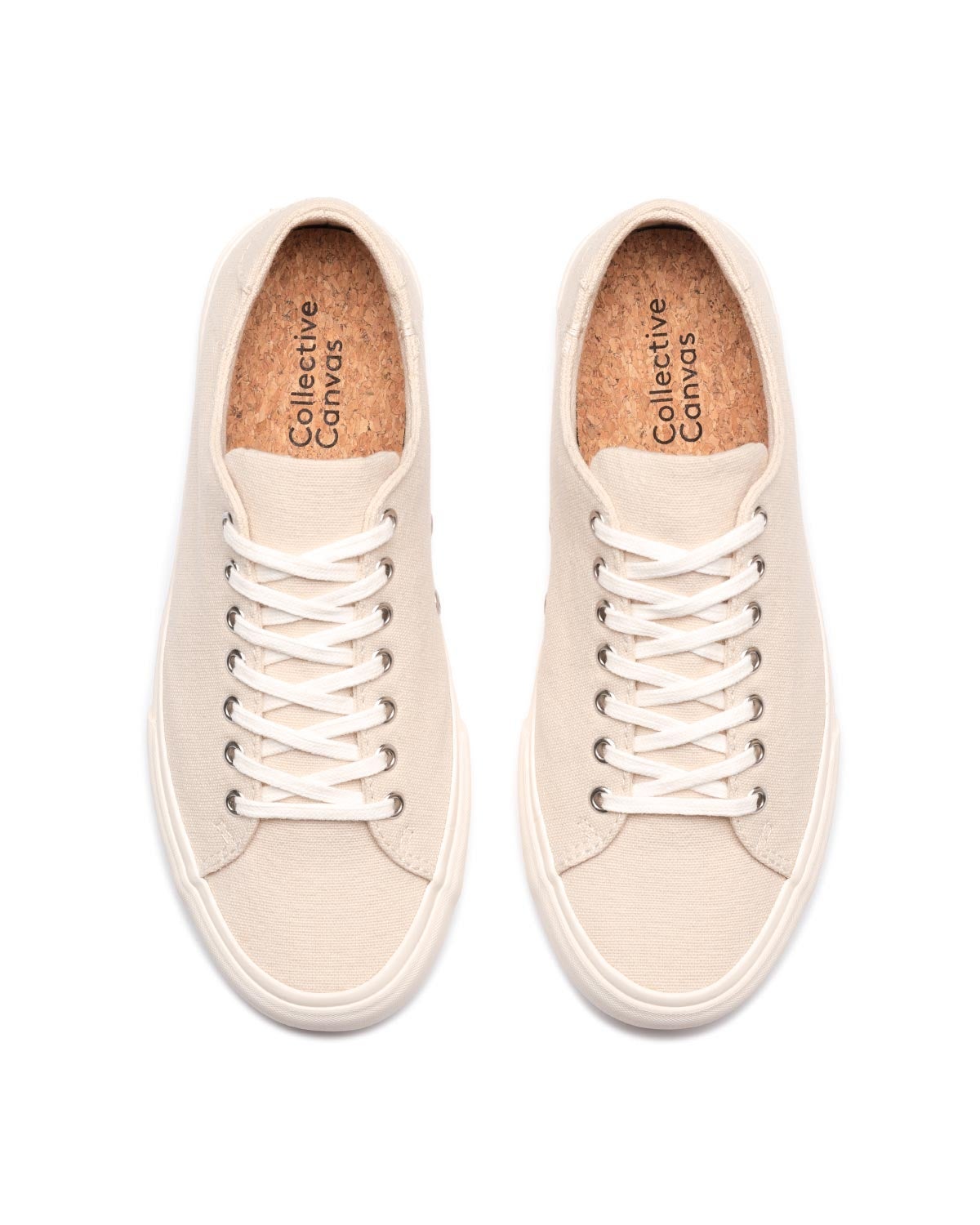 Baan Natural trainers, top view showing cork insoles and natural laces