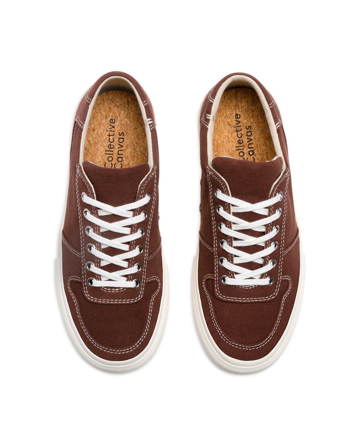 Bal Cappuccino trainers, top view showing cork insoles, white laces and contrast stitching