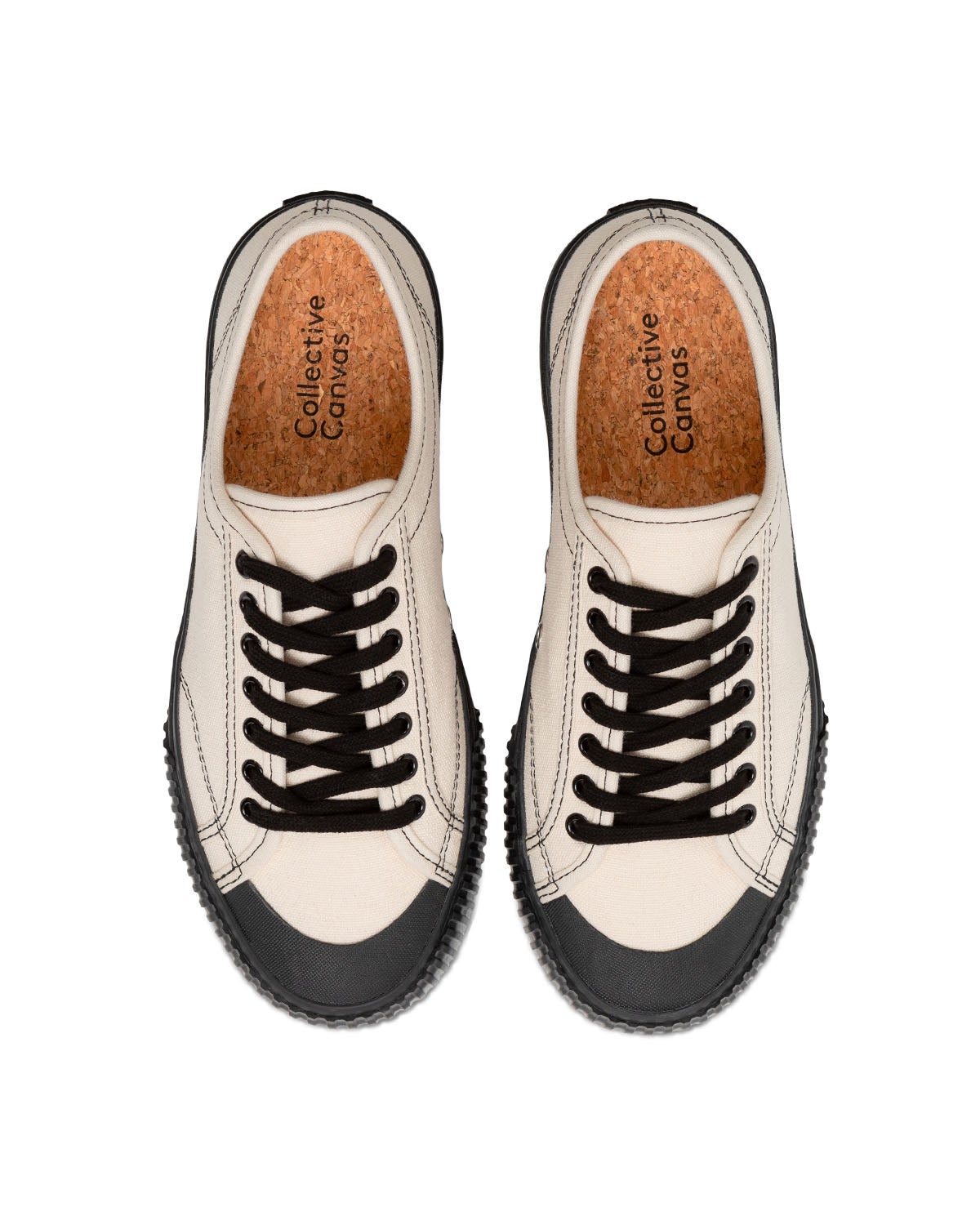 Buddy x CC Hemp Off-White/Black trainers, top view showing cork insoles and black laces