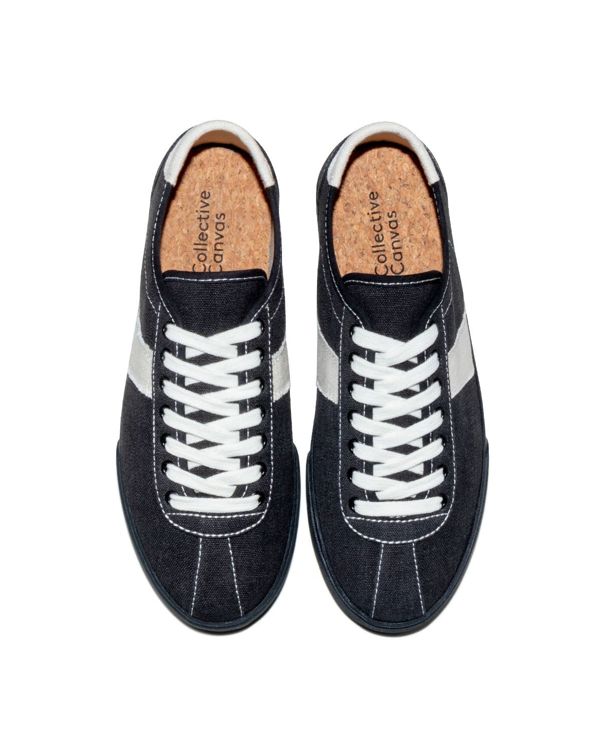 Looper Hemp Black/White Stitch trainers, top view showing cork insoles and white contrast stitching