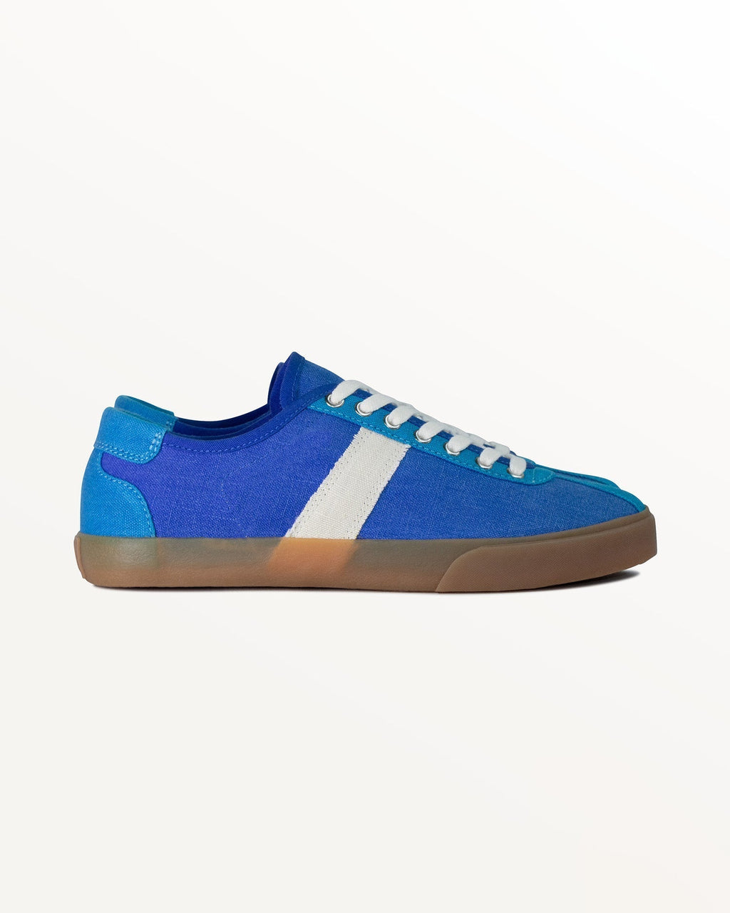 Looper Hemp Blue trainer, side view with ecru stripe, light blue heel panel and natural gum rubber sole