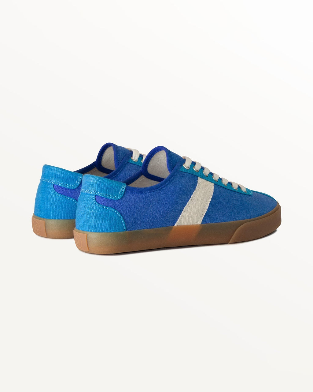 Looper Hemp Blue trainers, three-quarter rear view showing light blue heel tabs and panels