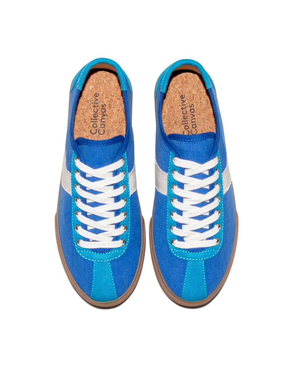 Looper Hemp Blue trainers, top view showing cork insoles, white laces and light blue toe panels