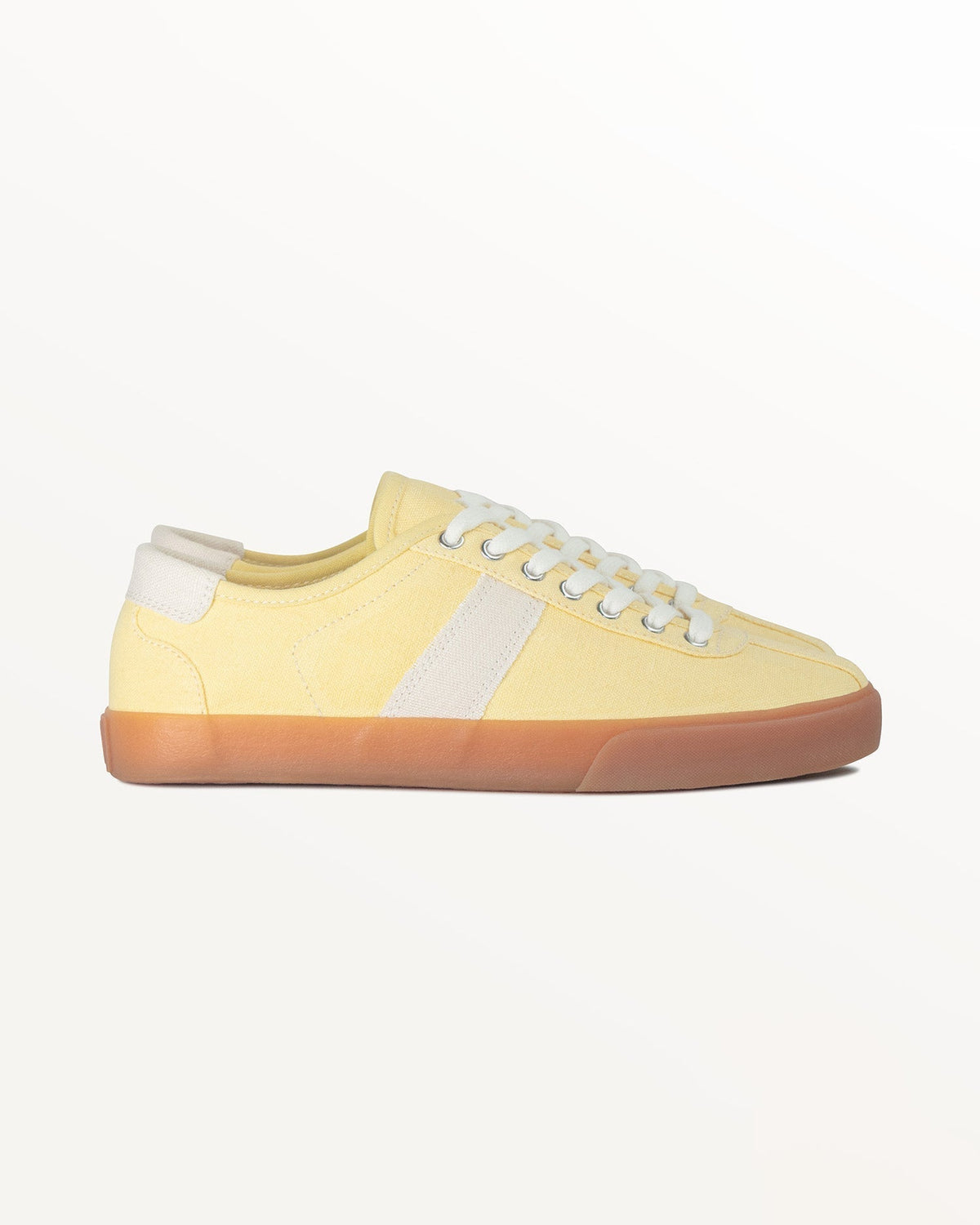 Looper Hemp Butter/Ecru trainer, side view with ecru stripe, ecru heel tab and natural gum rubber sole