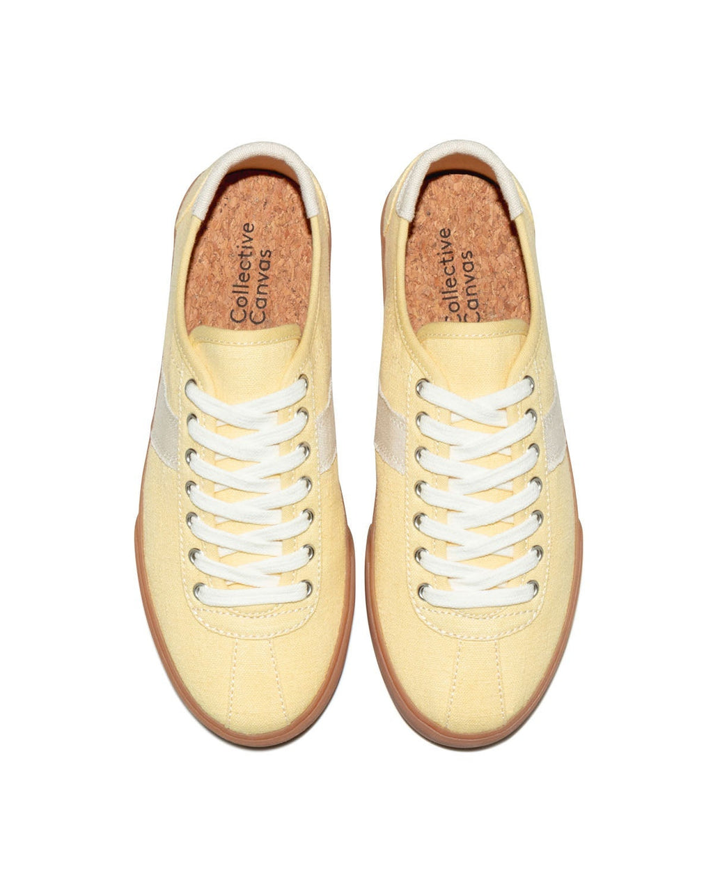 Looper Hemp Butter/Ecru trainers, top view showing cork insoles and white laces