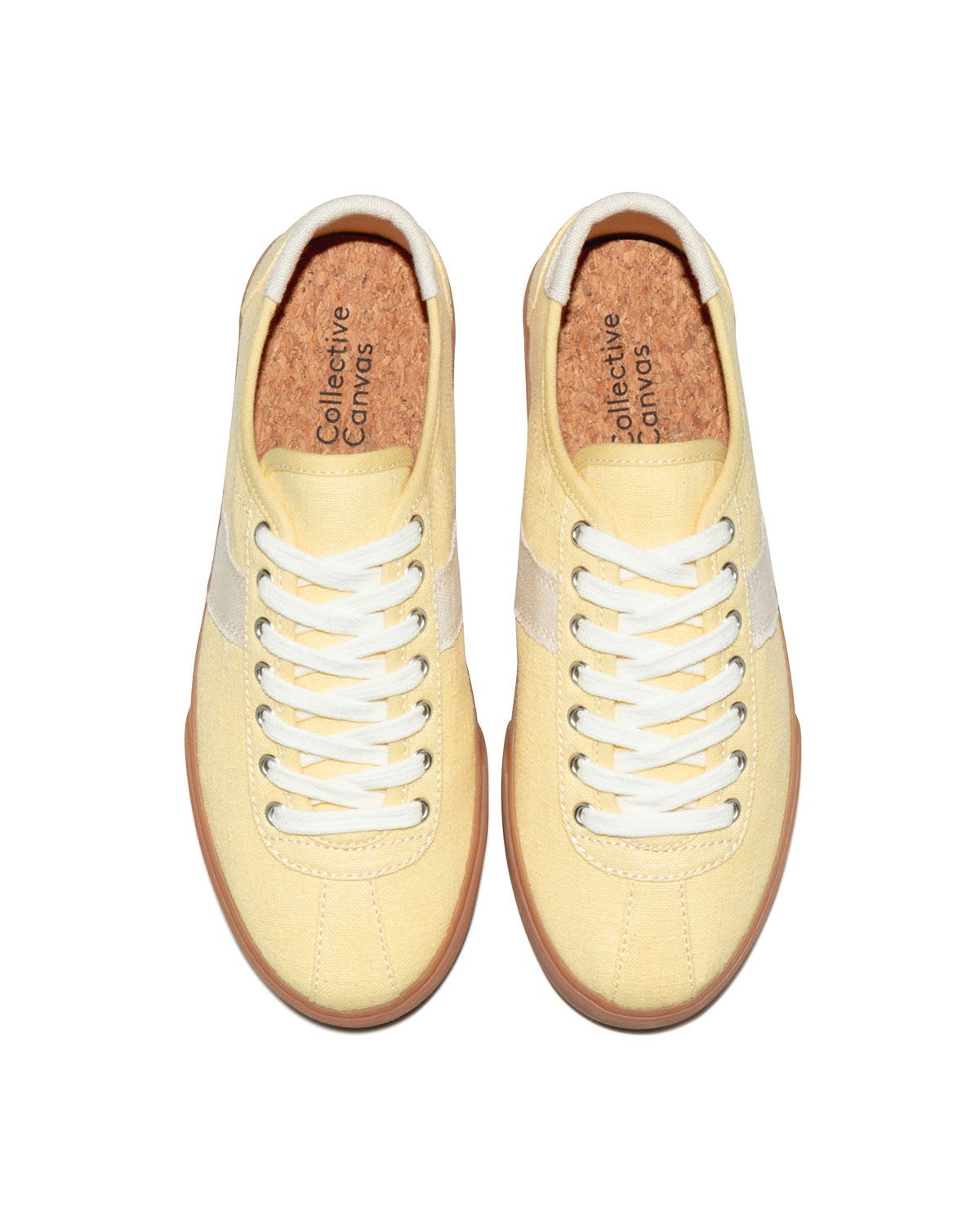 Looper Hemp Butter/Ecru trainers, top view showing cork insoles and white laces