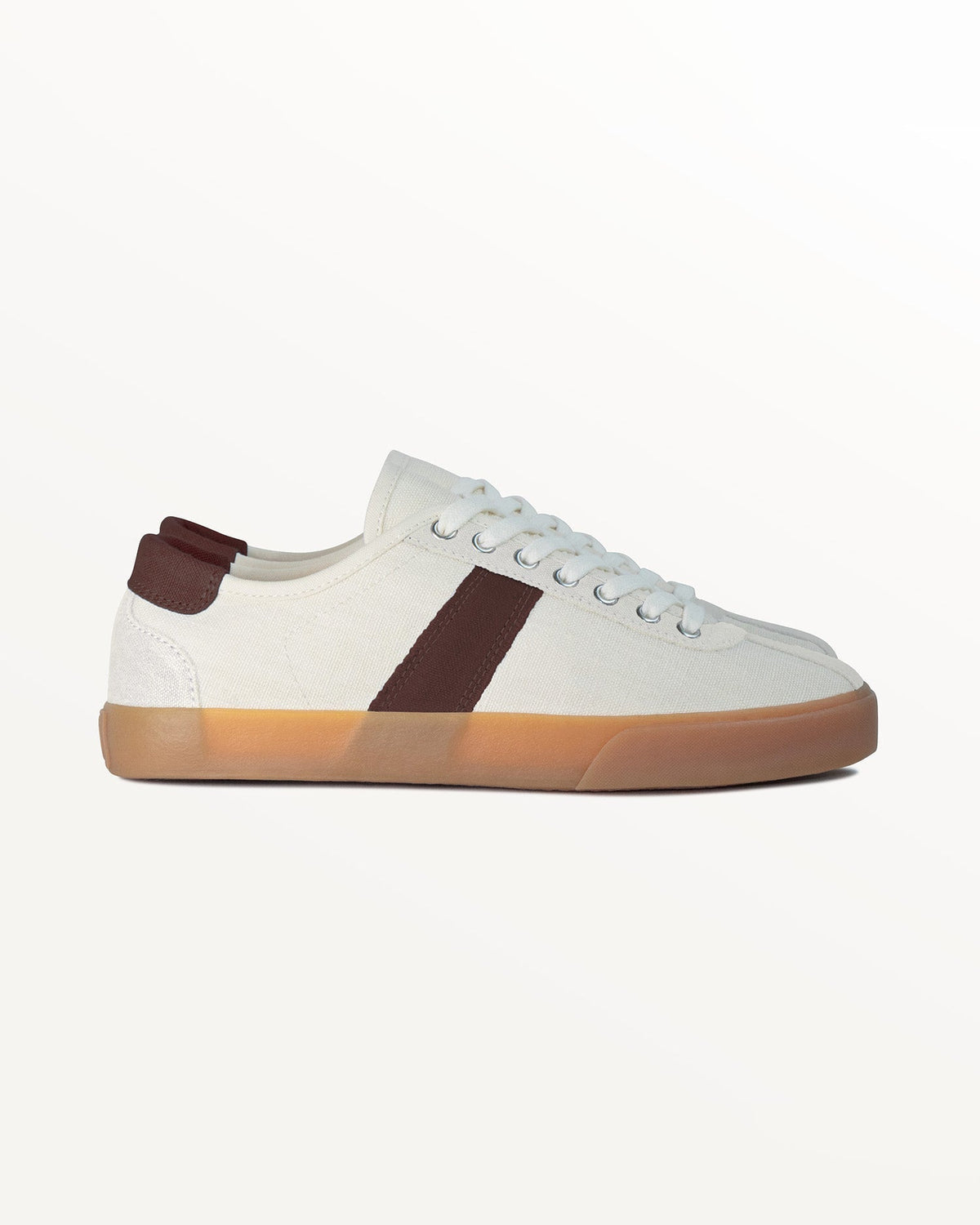 Looper Hemp Ecru/Coffee trainer, side view with brown stripe, brown heel tab and natural gum rubber sole