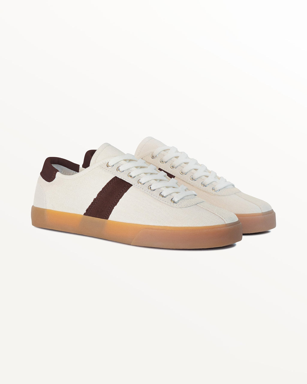 Pair of Looper Hemp Ecru/Coffee trainers, three-quarter front view