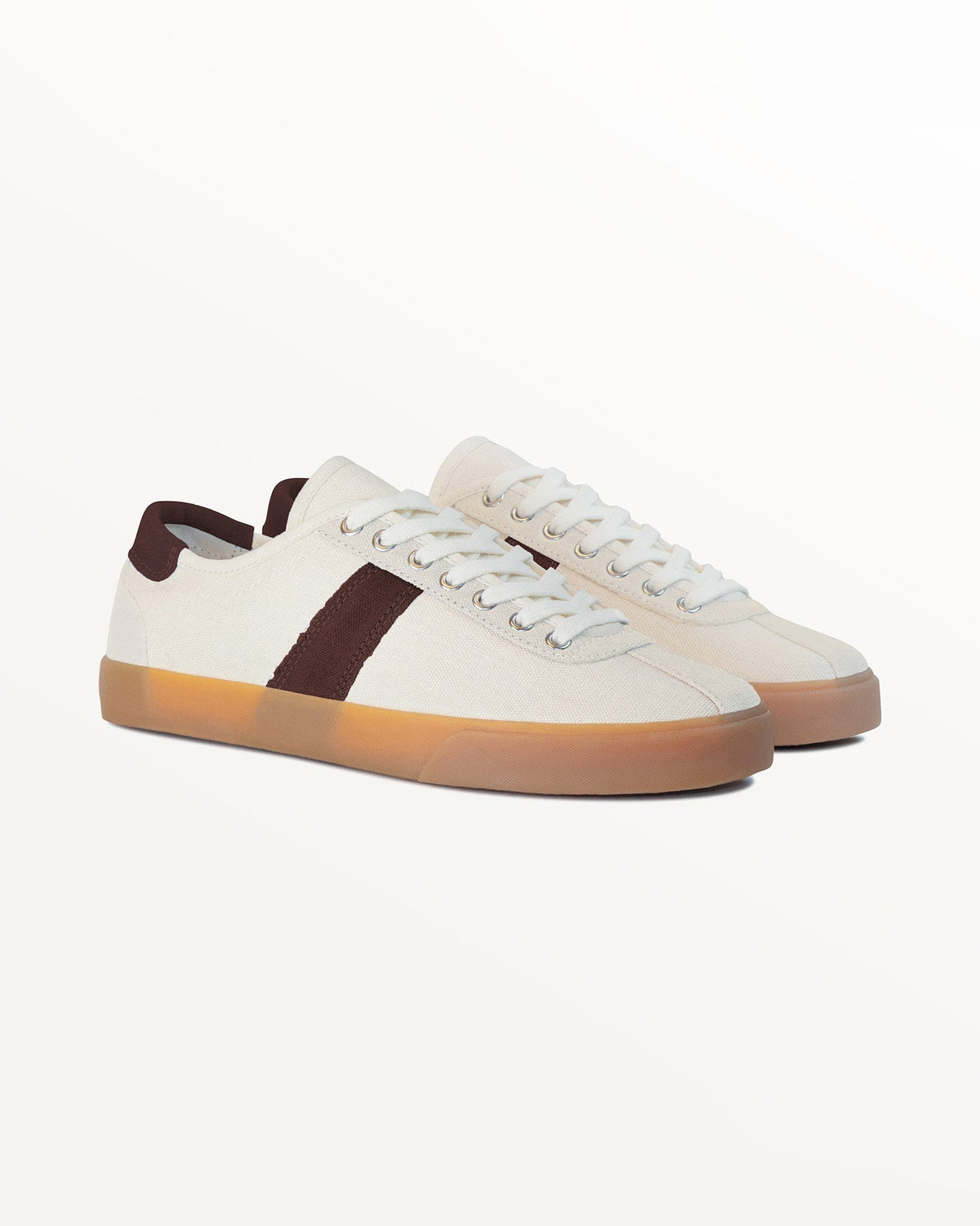 Pair of Looper Hemp Ecru/Coffee trainers, three-quarter front view