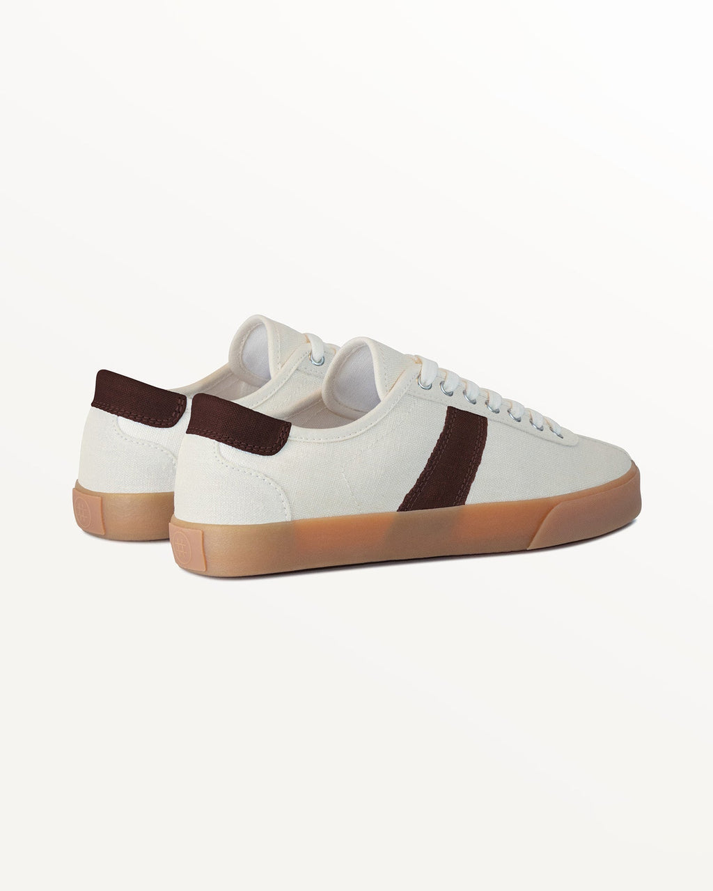 Looper Hemp Ecru/Coffee trainers, three-quarter rear view showing brown heel tabs