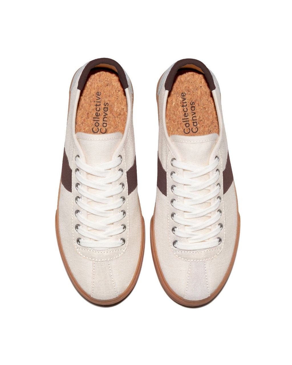 Looper Hemp Ecru/Coffee trainers, top view showing cork insoles, white laces and brown stripes