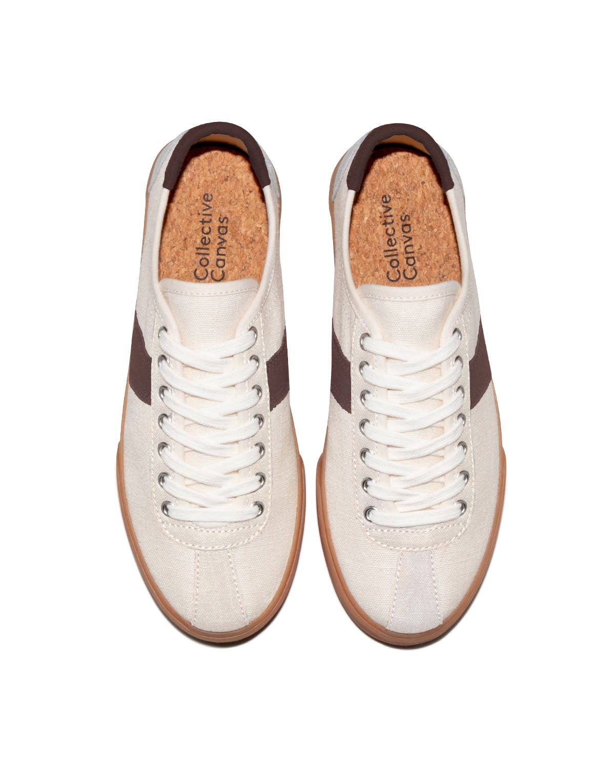 Looper Hemp Ecru/Coffee trainers, top view showing cork insoles, white laces and brown stripes