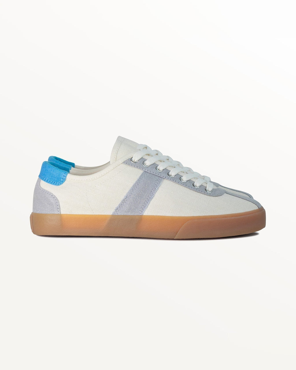Looper Hemp Ecru/Grey trainer, side view with grey stripe, blue heel tab and natural gum rubber sole
