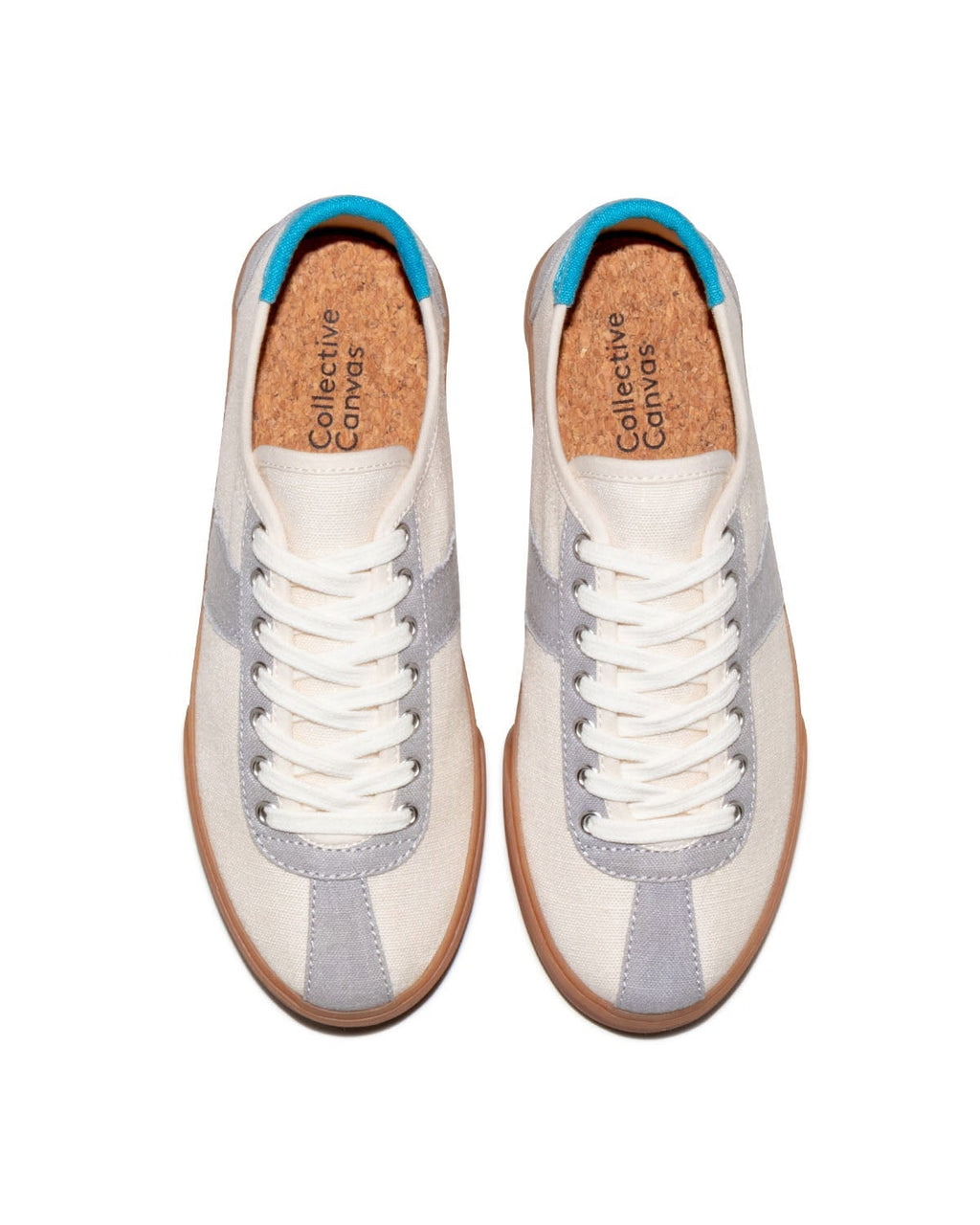 Looper Hemp Ecru/Grey trainers, top view showing cork insoles, white laces and bright blue heel tabs