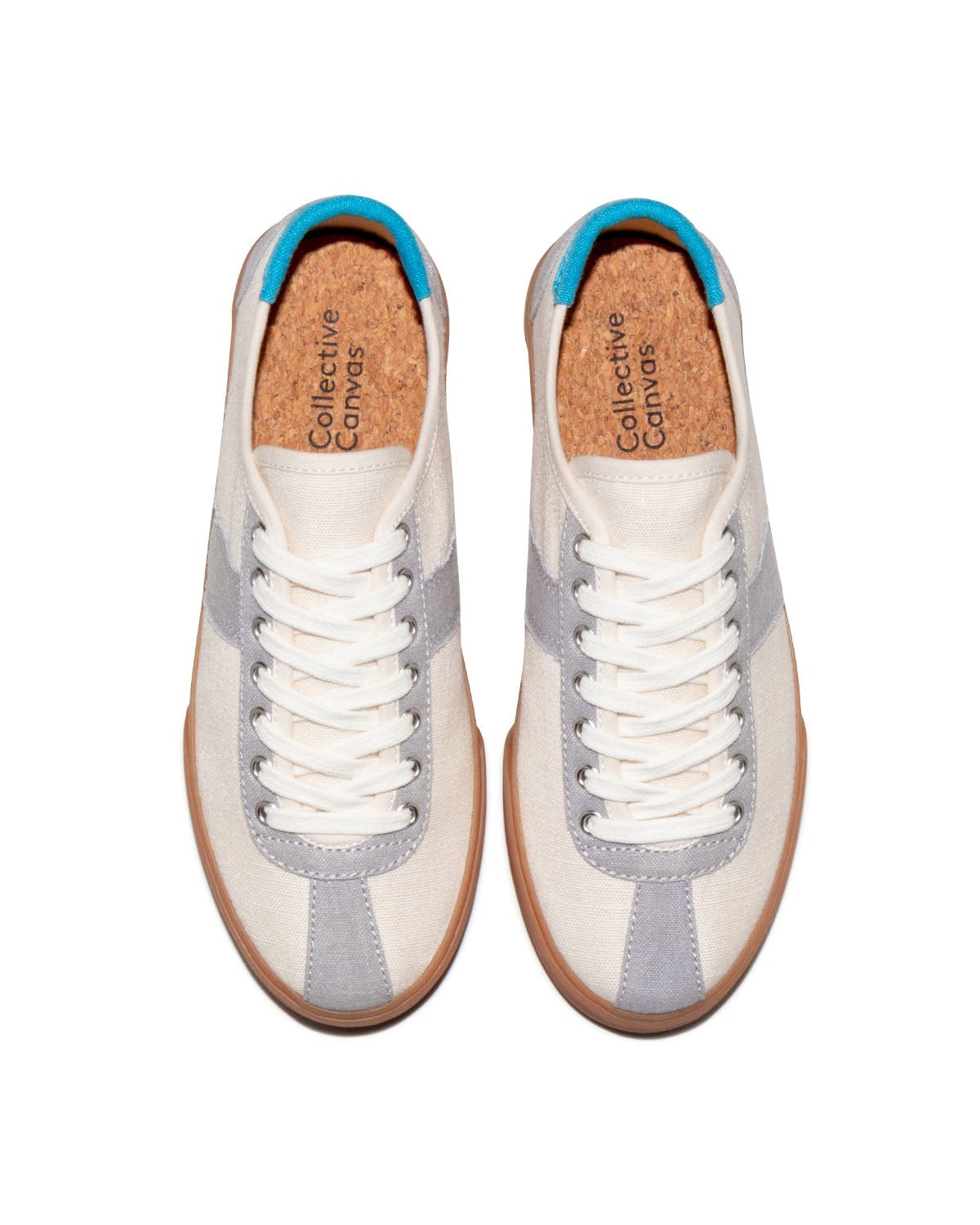 Looper Hemp Ecru/Grey trainers, top view showing cork insoles, white laces and bright blue heel tabs