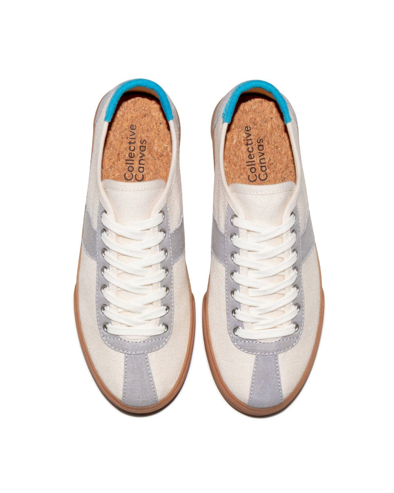 Looper Hemp Ecru/Grey trainers, top view showing cork insoles, white laces and bright blue heel tabs