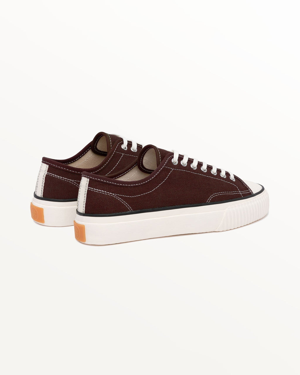 Straat Hemp Coffee trainers, three-quarter rear view showing orange heel tabs