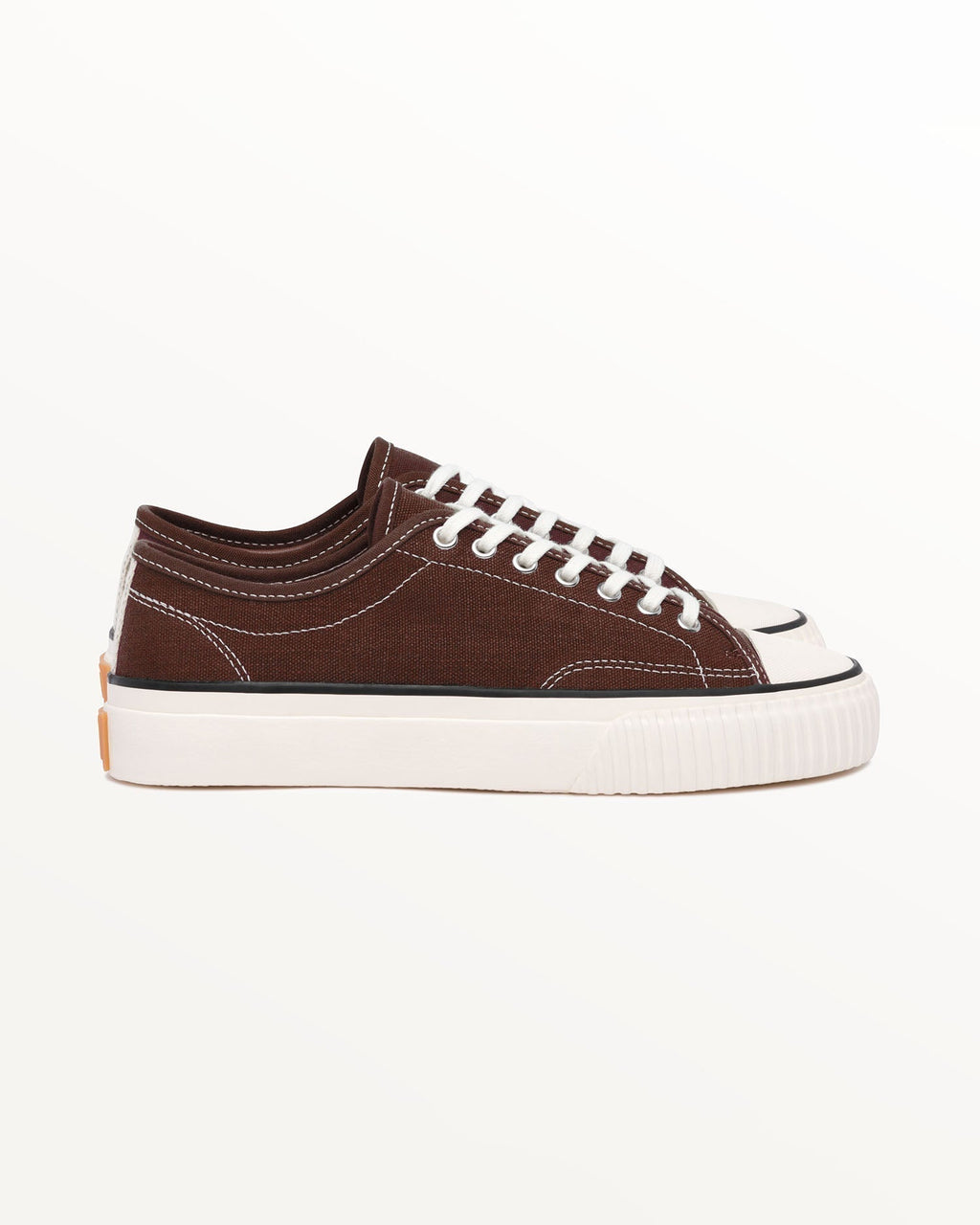 Straat Hemp Coffee trainer, side view with white contrast stitching and off-white rubber sole