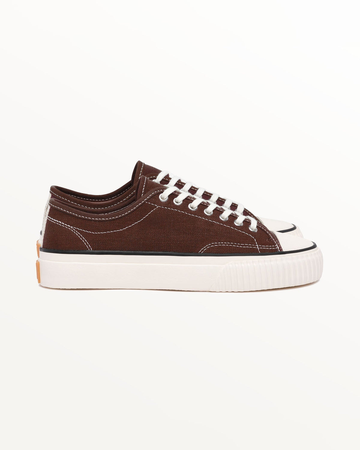 Straat Hemp Coffee trainer, side view with white contrast stitching and off-white rubber sole