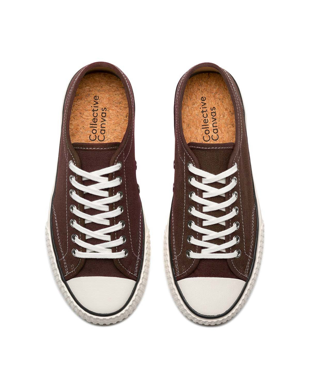 Top view of Straat Hemp Coffee trainers with cork insoles and white laces