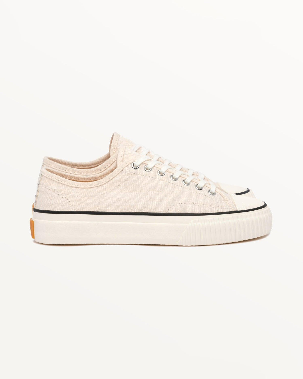 Straat Hemp Natural/Black trainer, side view with black stripe and off-white rubber sole