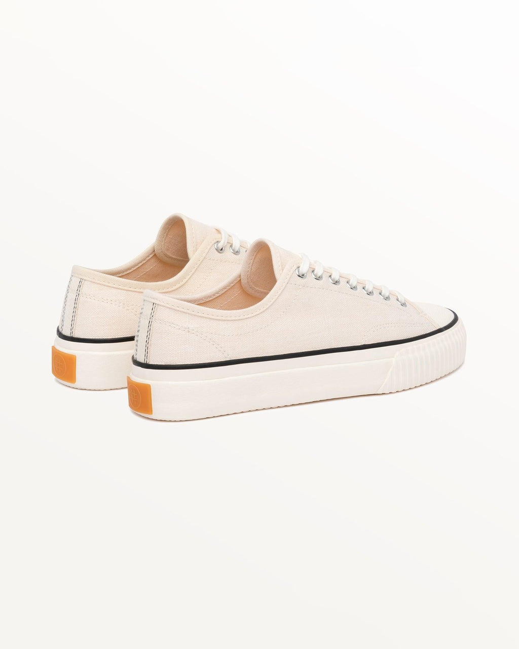 Straat Hemp Natural/Black trainers, three-quarter rear view showing orange heel tabs