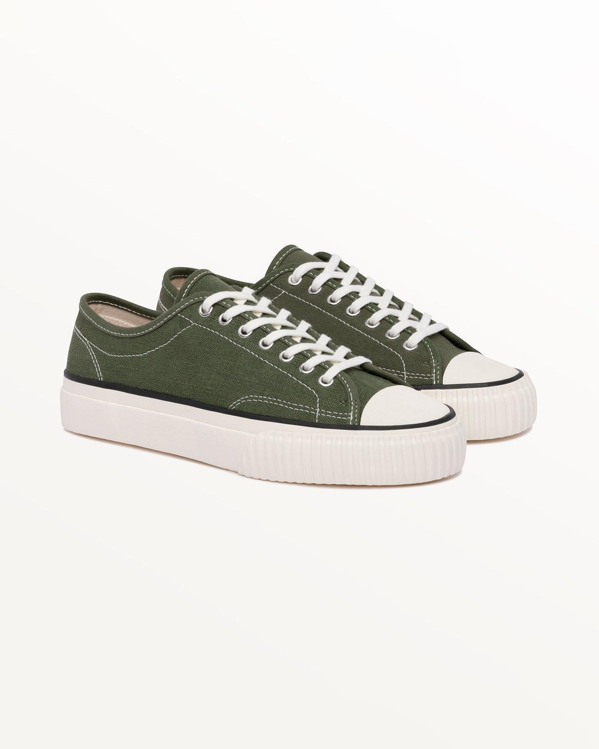 Pair of Straat Hemp Olive trainers, three-quarter front view