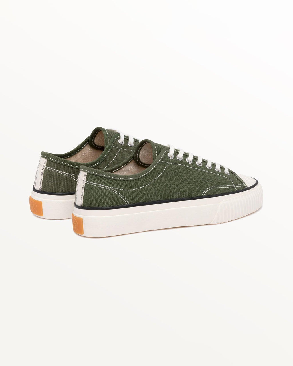 Straat Hemp Olive trainers, three-quarter rear view showing orange heel tabs