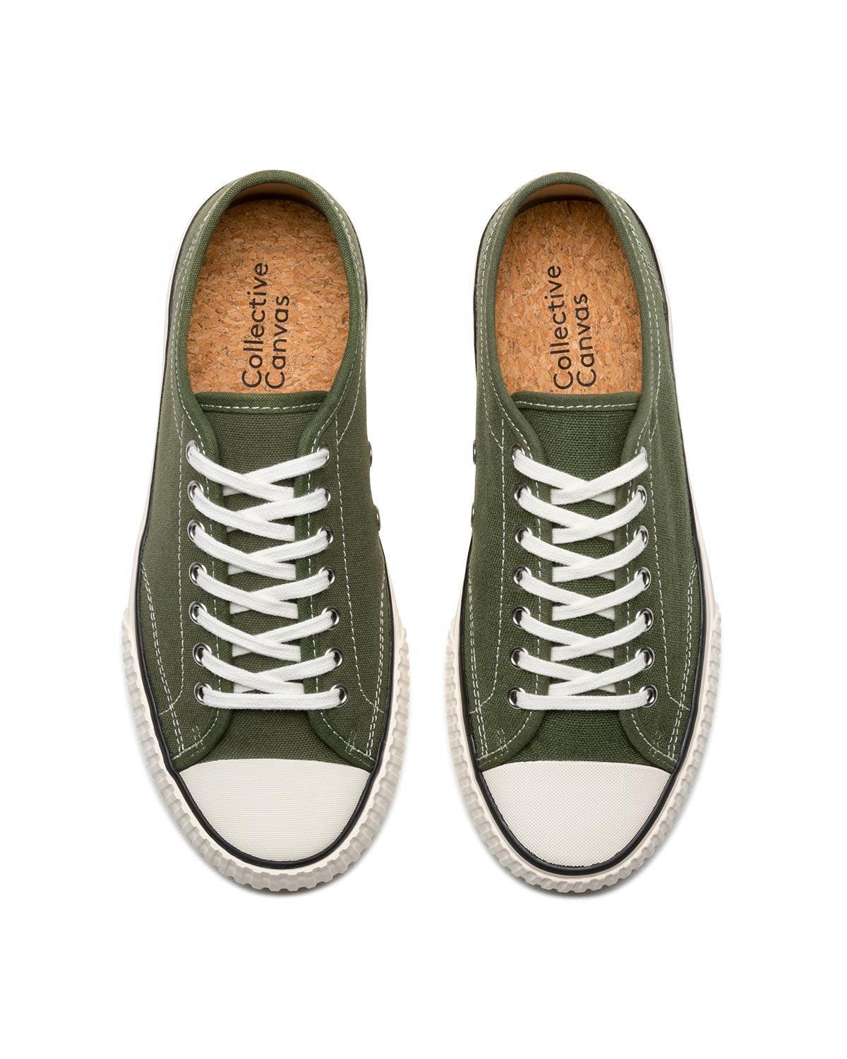 Top view of Straat Hemp Olive trainers with cork insoles and white laces