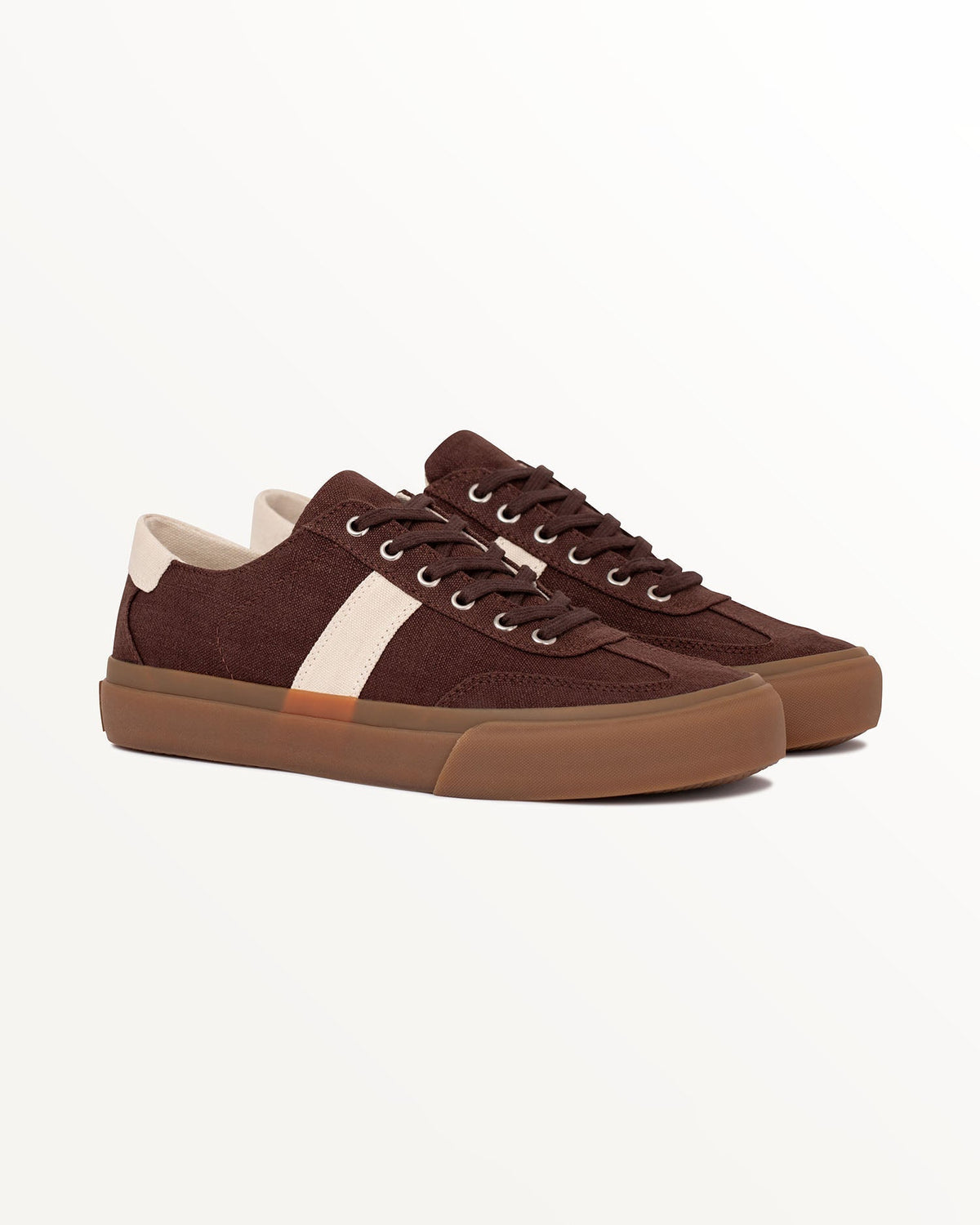 Pair of Veld Hemp Coffee/Ecru trainers, three-quarter front view