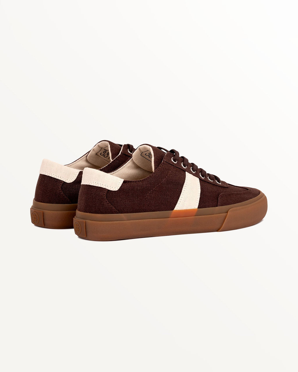 Veld Hemp Coffee/Ecru trainers, three-quarter rear view showing ecru heel tab